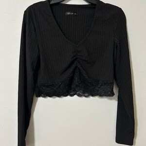 SHEIN Black Ruched V-Neck Lace Blouse
